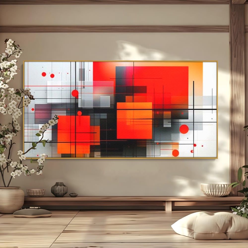 Tablou canvas cu ilustratie geometrica abstracta cu patrate, in rama de aluminiu auriu